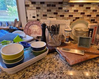 Assorted Kitchenware Lot — Ceramic Bowls, Serving Dishes, Pepper Mill, Knife Set, Decorative Plates, Canisters & Kitchen Accessories