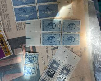 Assorted Vintage 1960s U.S. Mint Commemorative Postage Stamps – Blocks of Four & Selvage Blocks – Aviation, Historic Figures & Americana – Unused Philatelic Collection