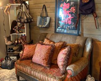 Carol Hicks Bolton for EJ Victor Contemporary Loveseat, Mixed Fabric, Bohemian Shabby Chic Oversized Loveseat with Distressed Leather and Upholstery with Nailhead Trim Accents