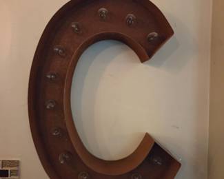 Large Industrial Rusted Metal Marquee Letter “C” with Exposed Bulbs Wall Sign