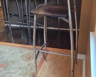 Set of Four Modern Chrome & Dark Wood Counter/Bar Stools