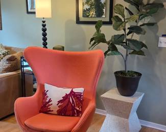 Orange Mid-Century Modern Egg-Style Swivel Lounge Chair, Chrome Four-Star Base, Coral Botanical Decorative Throw Pillow