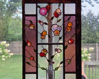 Large Artisan Stained Glass Floral Window Panel with Antique Bottle, Textured Glass & Rustic Wood Frame