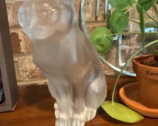 Lalique Large Frosted Crystal Sitting Cat Sculpture