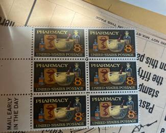 1972 U.S. Pharmacy 8¢ Commemorative Postage Stamps – Mint Block of 6 with Selvage – Vintage Medical, Pharmaceutical & Apothecary Collectible