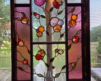 Large Artisan Stained Glass Floral Window Panel with Antique Bottle, Textured Glass & Rustic Wood Frame