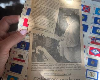 1976 U.S. Bicentennial Flags of the States 13¢ Stamp Collection – State Flag Commemorative Series with Original 1976 Newspaper Articles / Postal Ephemera