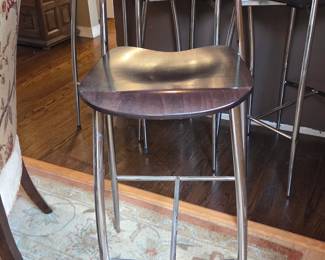 Set of Four Modern Chrome & Dark Wood Counter/Bar Stools