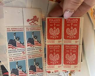 Vintage U.S. Mint Postage Stamp Blocks – 1966 Poland’s Millennium 5¢ Commemorative Stamps & U.S. Savings Bonds 25th Anniversary 5¢ “We Appreciate Our Servicemen” Stamps, with selvage.