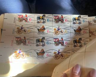 1970 U.S. Christmas 6¢ “Antique Toys” Commemorative Stamp Large Mint Multiple – Four Toy Designs – Plate Number Selvage