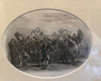 "Dance of the Mandan Indians" after Karl Bodmer, Hand-colored Aquatint Steel Engraving on Paper, Framed