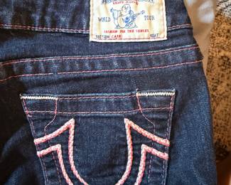 True Religion Dark Wash Jeans with Pink Horseshoe Embroidery