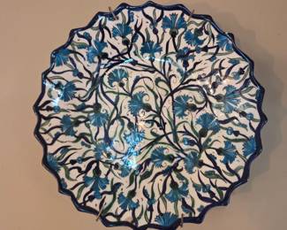 Hand-Painted Turkish Iznik-Style Blue & White Floral Ceramic Wall Plate