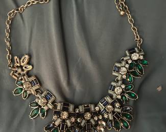 Necklace with green , blue crystals and clear rhinestones