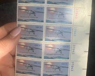 1977 U.S. Charles Lindbergh “50th Anniversary Solo Transatlantic Flight” 13¢ Commemorative Stamp Block – Spirit of St. Louis – 12 Mint Stamps with Plate Number Selvage