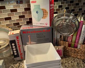 Crate & Barrel Square Plates/Bowls, Kitchenaid Attachments, DASH Waffle Maker, Mesh Sieve Set, Assorted Cookbooks