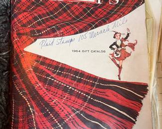 Vintage 1964 Montgomery Ward Christmas Gift Catalog / Wish Book, plaid holiday cover with handwritten notation regarding U.S. stamps.