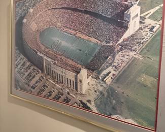 Vintage Ohio State Buckeyes “Script Ohio” Ohio Stadium aerial photograph, framed and matted, showing a packed game-day crowd and the marching band performing Script Ohio.