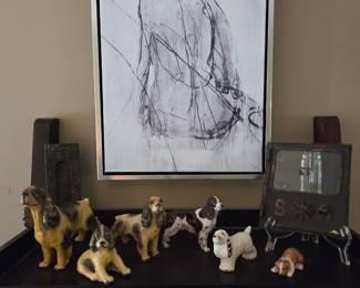 Eclectic Home Décor Collection with Contemporary Figurative Art, Ceramic Dog Figurines, Industrial Metal Perpetual Calendar, Architectural Accent & POST Mailbox