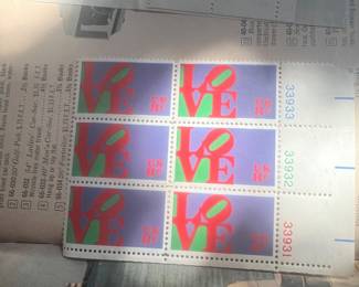 1973 Robert Indiana “LOVE” 8¢ U.S. Postage Stamps – Mint Plate Number Block of 6 – Plate Nos. 33931–33933 – Iconic American Pop Art / LOVE Stamp