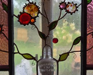 Large Artisan Stained Glass Floral Window Panel with Antique Bottle, Textured Glass & Rustic Wood Frame
