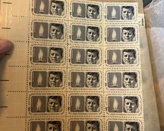 1964 John F. Kennedy Memorial 5¢ U.S. Postage Stamp Mint Block of 18, featuring JFK portrait and eternal flame, with the quotation “And the glow from that fire can truly light the world.”