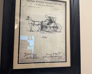 Framed U.S. Patent Office 1906 U.S. Mail Delivery Wagon Patent No. 839,607 Horse-Drawn Postal Carriage Illustration