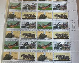 1970 U.S. Natural History 6¢ Commemorative Stamp Issue – Mint Large Block/Partial Sheet with Plate No. 31729, featuring American Bald Eagle, African Elephant Herd, Haida Ceremonial Canoe, and “The Age of Reptiles” dinosaurs.
