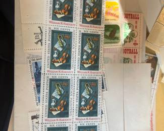 1969 U.S. 6¢ William M. Harnett “Old Models” American Painting Commemorative Stamps – Mint Block of 8, featuring Harnett’s trompe-l'œil still-life painting of musical instruments.