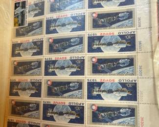 1975 U.S. Apollo-Soyuz Space Test Project 10¢ Commemorative Stamps – Mint Plate-Number Block/Partial Sheet, depicting the historic U.S.–Soviet joint space mission. Visible plate numbers add some collector interest.