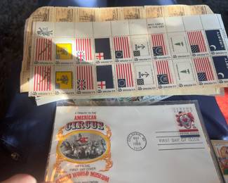 “Vintage U.S. Postage Stamp Collection – Historic American Flags Mint Blocks & 1966 Circus World Museum Official First Day Cover.”