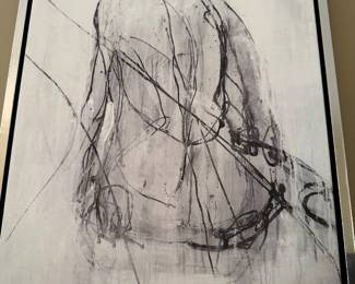 Large Contemporary Monochrome Figurative Abstract Portrait on Canvas in Silver Frame