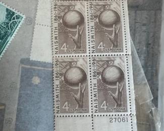 1961 James Naismith Basketball 4¢ U.S. Commemorative Stamps – Mint Plate Number Block of 4 – Plate No. 27061 – 1891–1961 Basketball Anniversary – Vintage Sports & Basketball Collectible