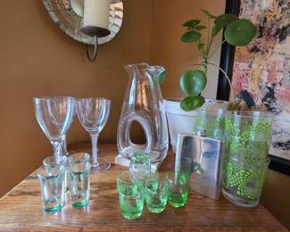 Assorted Barware & Glassware Lot – Art Glass Decanter, Stemware, Uranium Shot Glasses, Green Rocks Glasses & Stainless Flask