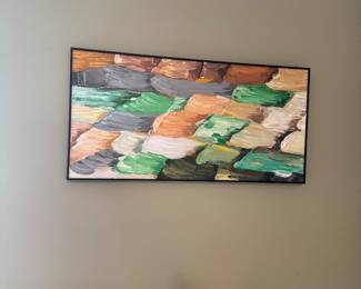 Contemporary Abstract Impasto Painting with Green, Terracotta & Neutral Geometric Forms