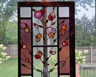 Large Artisan Stained Glass Floral Window Panel with Antique Bottle, Textured Glass & Rustic Wood Frame