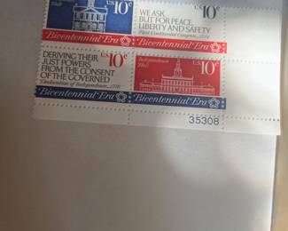 1974 U.S. 10¢ First Continental Congress Bicentennial Era Commemorative Stamp Plate Block of 4 – Carpenters’ Hall, Independence Hall & Declaration of Independence – Plate No. 35308.