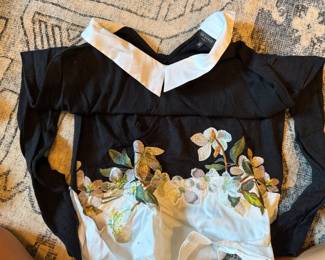 Ted Baker London Black & White Floral Embroidered Ruffle Blouse, Size 2