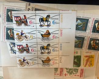 1969 U.S. 6¢ Christmas Antique Toys Commemorative Stamp Plate Blocks – Vintage Mint Postage featuring toy locomotive, horse, bicycle and baby carriage, with plate numbers.
