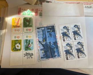 Vintage U.S. Mint Commemorative Postage Stamp Group – 1969 Botanical Congress 6¢ Flower Plate Block, 1973 Boston Tea Party Bicentennial 8¢ Se-Tenant Block, and 1963 Audubon American Thrush 5¢ Block of 4.