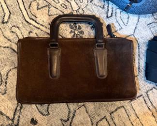 Vintage Coach (#9430) Brown Suede and Leather Handled Slim Satchel Bag designed by Bonnie Cashin, 1970s with Authentic Coach Creed Stamp, 1970s, Original NYC Factory