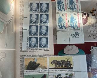 Vintage U.S. Mint Commemorative Postage Stamp Group – Eisenhower, Law & Order and 1970 Natural History – Plate Number & Postal Selvage Blocks – Americana, Wildlife & Dinosaur Themes