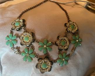 J. Crew Floral Necklace with green crystals and clear rhinestones