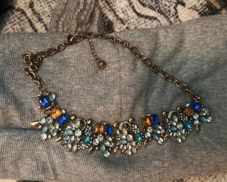 Necklace with green , blue crystals, iridescent and clear rhinestones