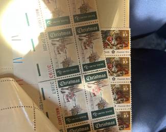 Vintage U.S. Mint Commemorative Postage – 1969 Christmas 6¢ Winter Scene Multiple with Plate Numbers & 1975 Haym Salomon “Financial Hero” 10¢ Strip