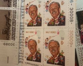 1968 Walt Disney 6¢ U.S. Commemorative Stamp Plate Block of 4 – Multiple Plate Numbers – Walt Disney Portrait with Classic Disney Characters – Vintage Disneyana & Philatelic Collectible