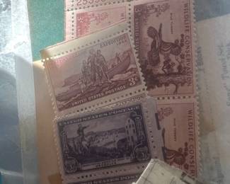 Vintage 1950s U.S. Mint Commemorative Postage Stamp Collection – Lewis & Clark Expedition, Wildlife Conservation Wild Turkey & Washington Monument – Plate Number Multiples / Americana