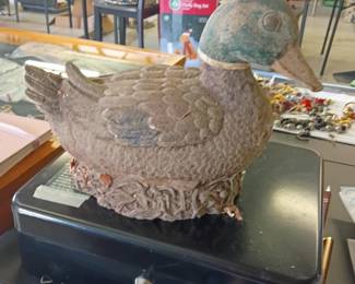 Artline Decorative Mallard Duck Decoy  Rustic decorative mallard duck figure featuring carved-look feather detailing and a marsh-grass base. Made by Art Line Inc., item No. 3042, dated 2002. This is a decorative molded piece rather than an antique wooden hunting decoy. Shows substantial surface dust and dirt from storage, along with finish wear, scuffs, small chips, and blemishes. Made in China. Please review photos carefully for condition.
