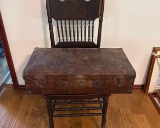 Antique Chair, Trunk, and Hanging Coat Hook