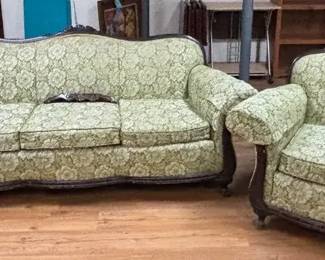 Vintage Carved Wood and Fabric Sofa with Coordinating Chair